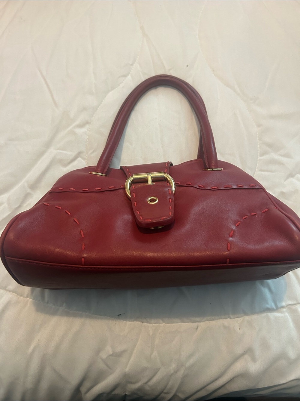 Classic Red Leather Top-Handle Shoulder Bag with Gold Buckle